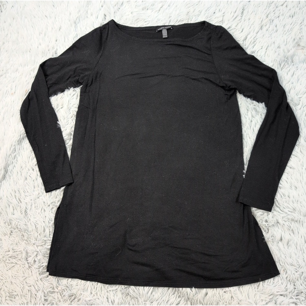 Eileen Fisher Shirt Womens XXS Black Top Stretch Preppy Comfort Casual Split Hem